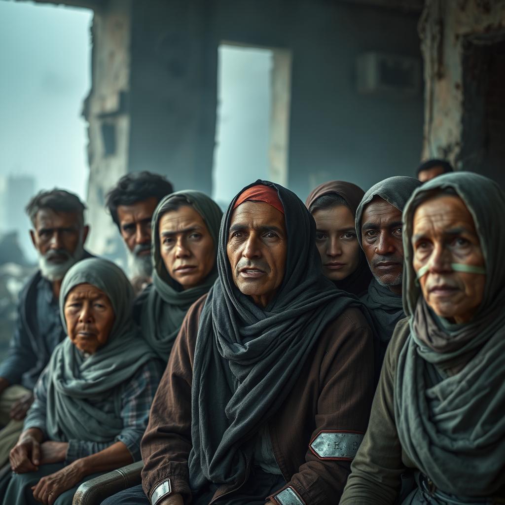 A poignant portrayal of war victims, showing a group of diverse individuals affected by conflict
