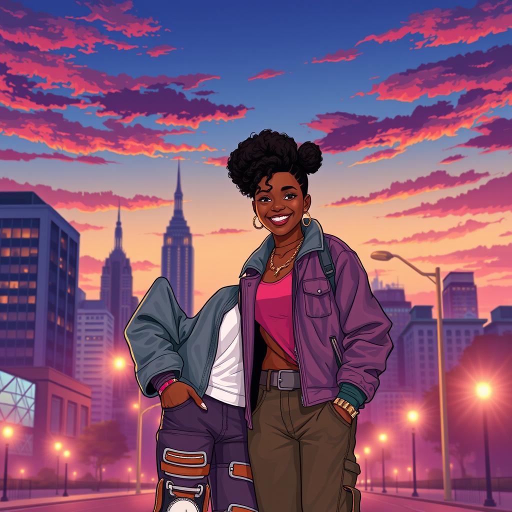 An illustration of a stylish Black couple named Shada and Isaiah in an urban setting during dusk