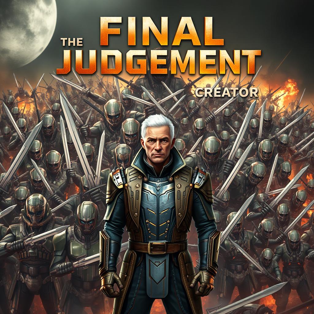 A captivating book cover for 'Final Judgment' depicting an overwhelming army of thousands of war robots, each wielding swords, showcasing a variety of futuristic designs and metallic textures