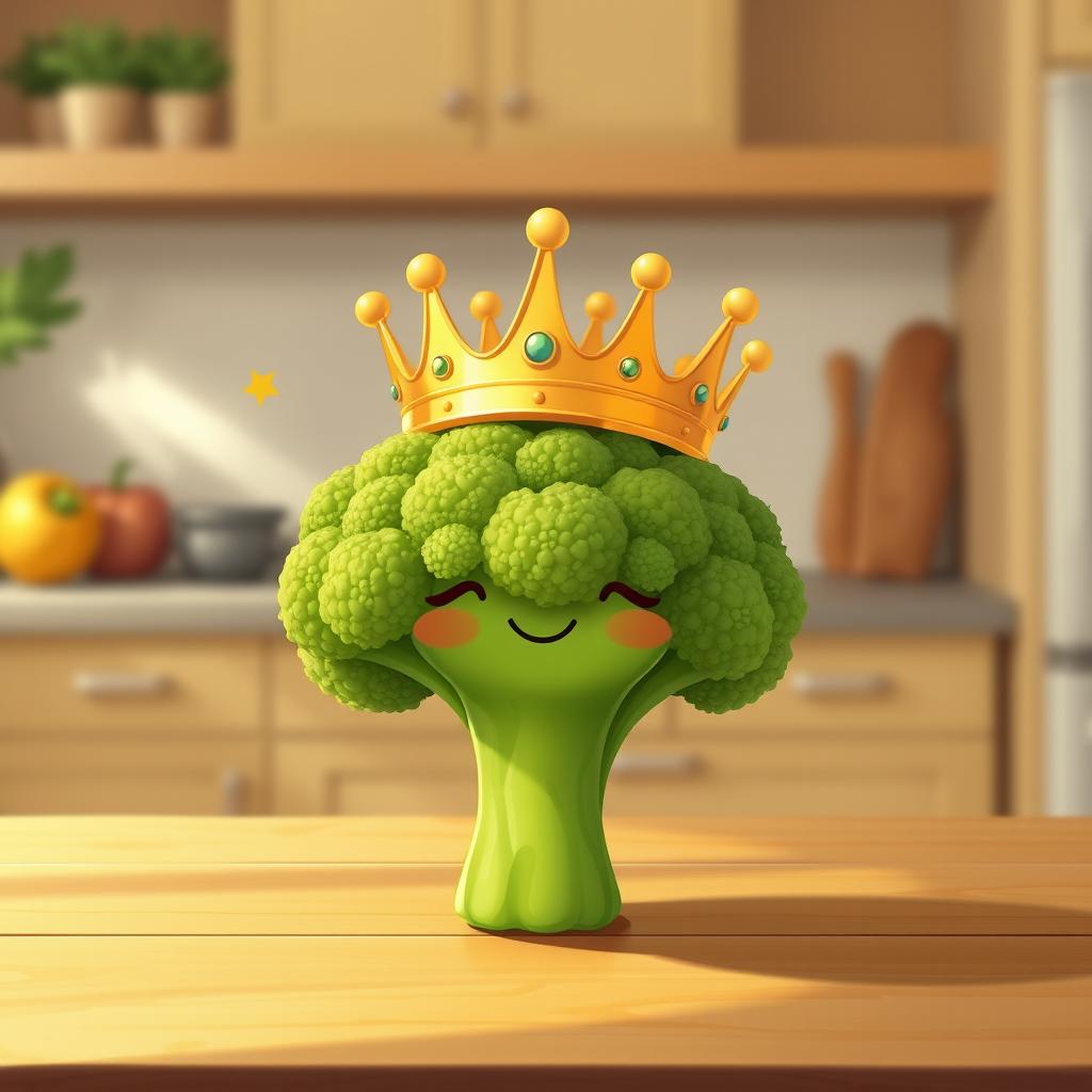 A whimsical illustration of a vibrant green broccoli wearing a golden crown