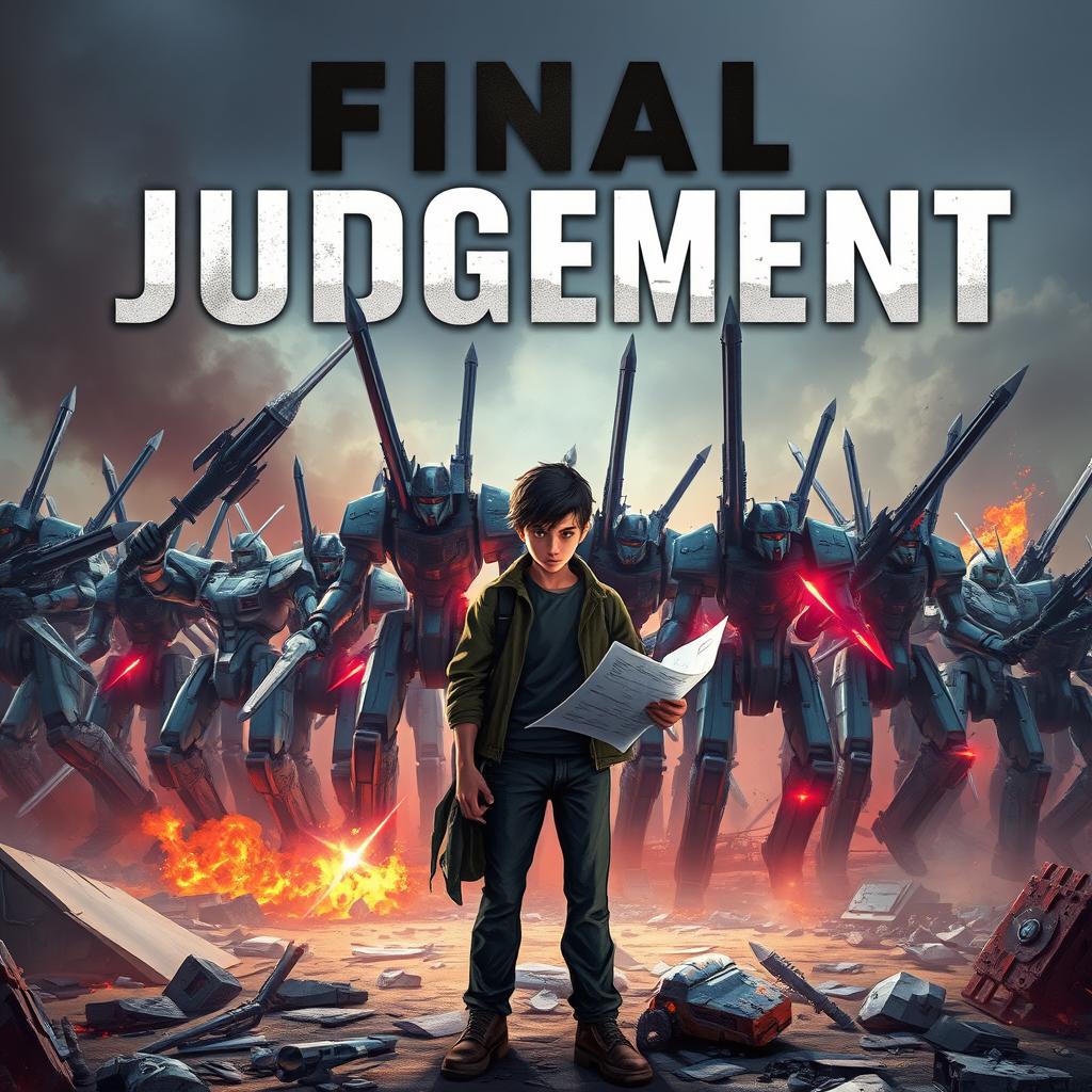 A captivating book cover for the title 'Final Judgment', featuring a scene with hundreds of battle robots equipped with swords in an epic battle stance