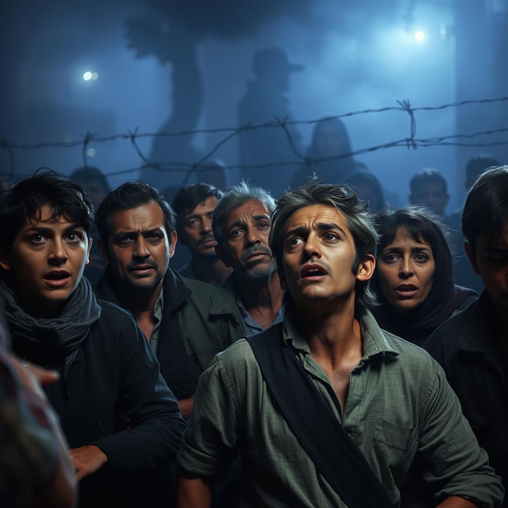 A dramatic scene depicting civilians in a tense atmosphere, surrounded by dark, oppressive surroundings