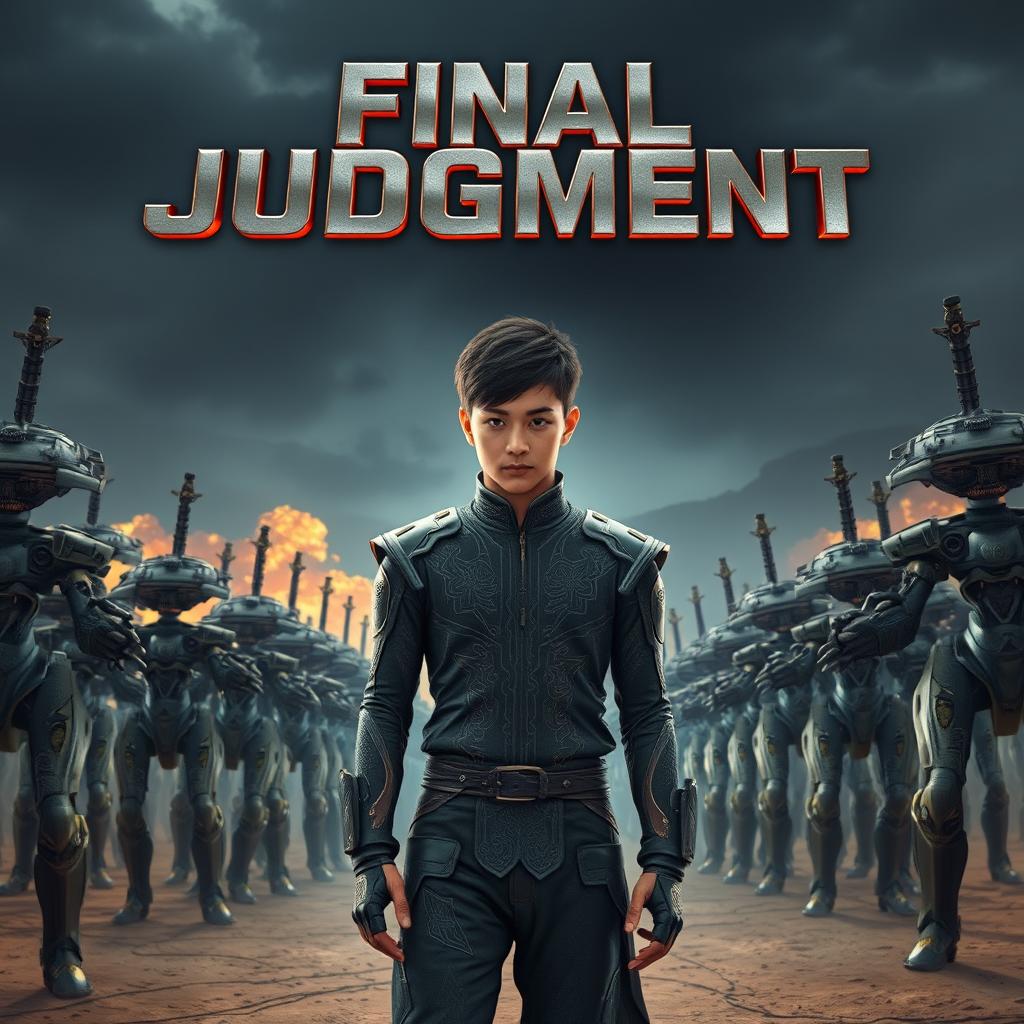 A stunning book cover for the title 'Final Judgment', featuring a dramatic scene with hundreds of war robots equipped with swords, marching through a desolate landscape