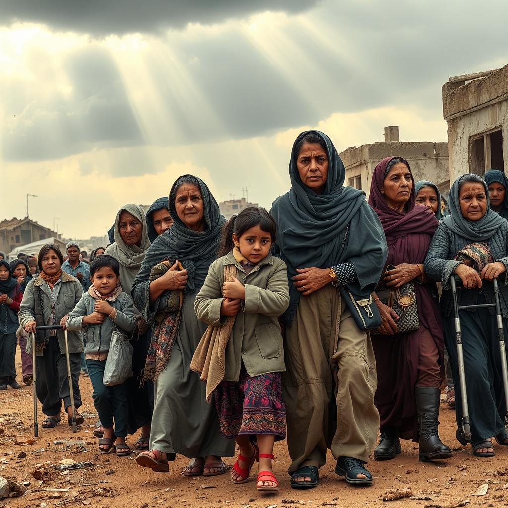 A poignant scene depicting a diverse group of women, children, and elderly people in the middle of a forced migration from their homes