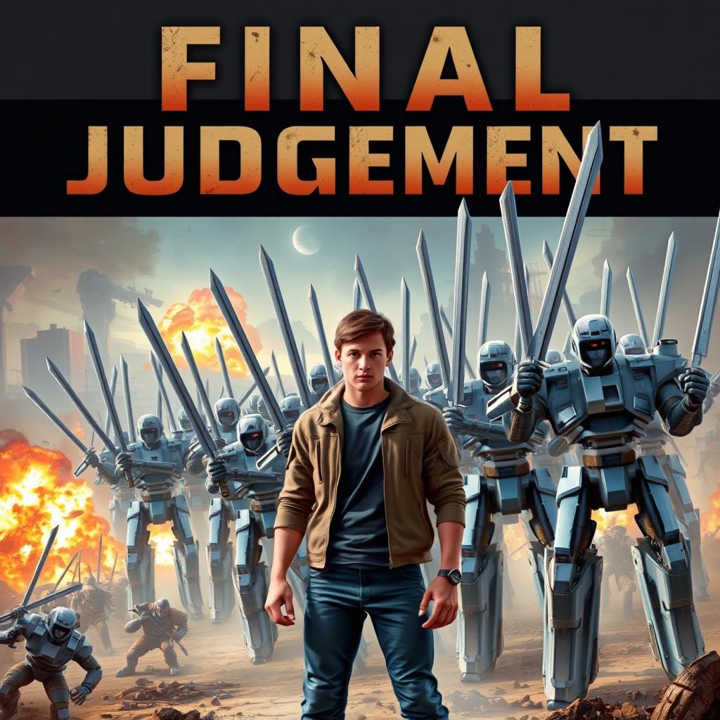 A book cover for 'Final Judgment' featuring an army of hundreds of war robots wielding swords, standing in a dynamic pose ready for battle