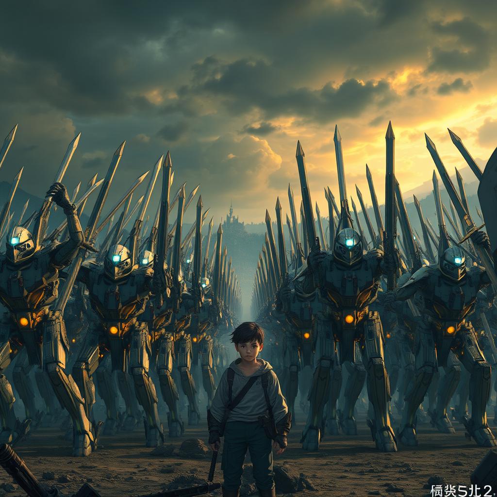 A long, epic scene titled 'Final Judgment' featuring hundreds of battle robots wielding swords, marching in formation