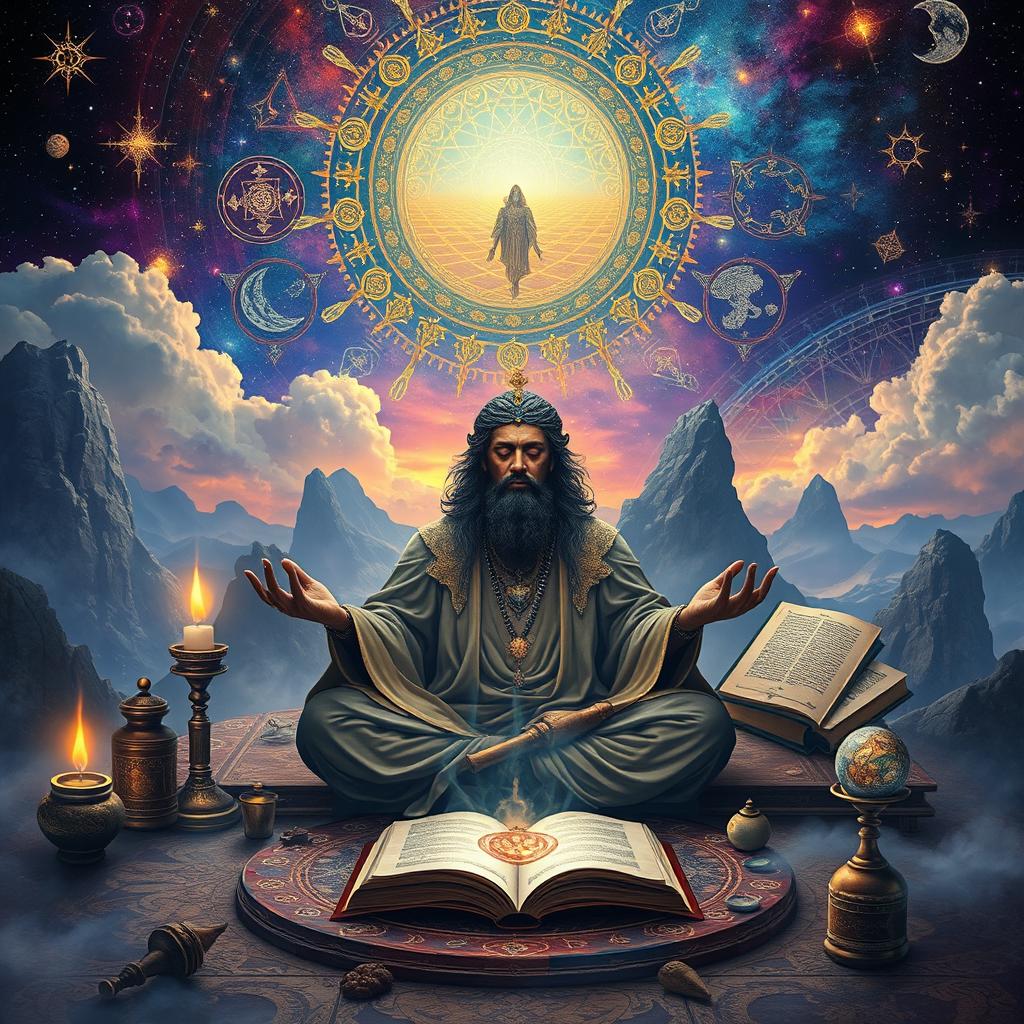A mystical journey exploring the path of hermeticism, showcasing the ancient symbols of alchemy interwoven with spiritual elements