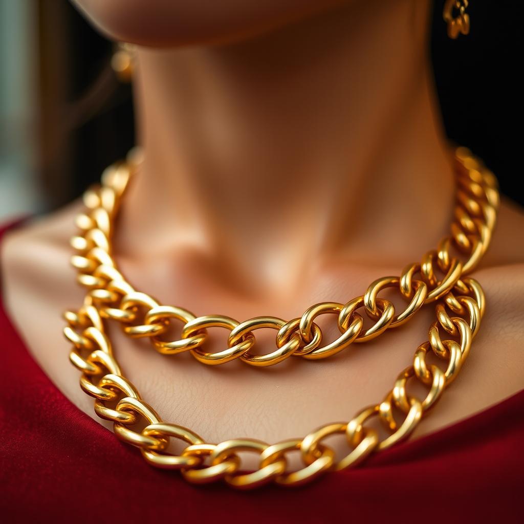 A close-up view of an elegant golden chain necklace, showcasing its intricate links and luxurious shine
