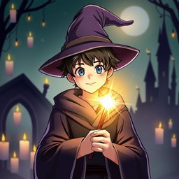 A young wizard resembling a student from a magical school, wearing a classic robe and a pointed hat, holding a wand