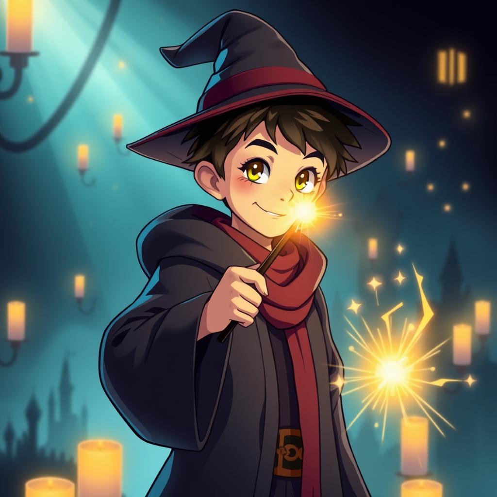 A young wizard resembling a student from a magical school, wearing a classic robe and a pointed hat, holding a wand