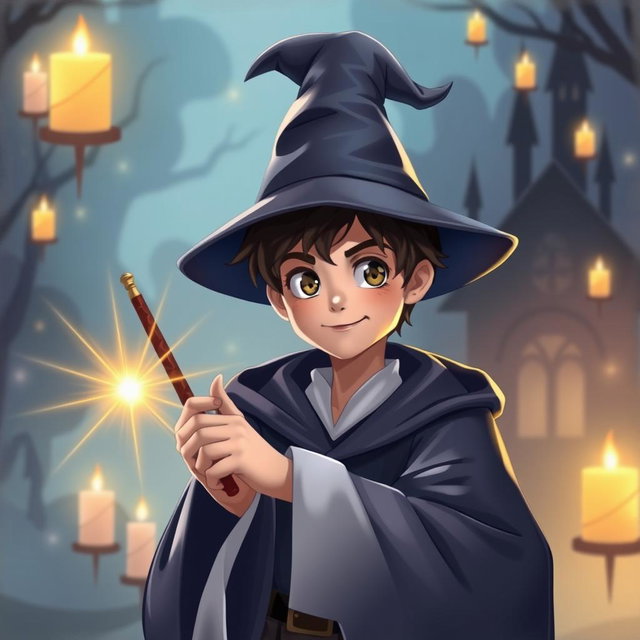 A young wizard resembling a student from a magical school, wearing a classic robe and a pointed hat, holding a wand