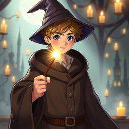A young wizard resembling a student from a magical school, wearing a classic robe and a pointed hat, holding a wand