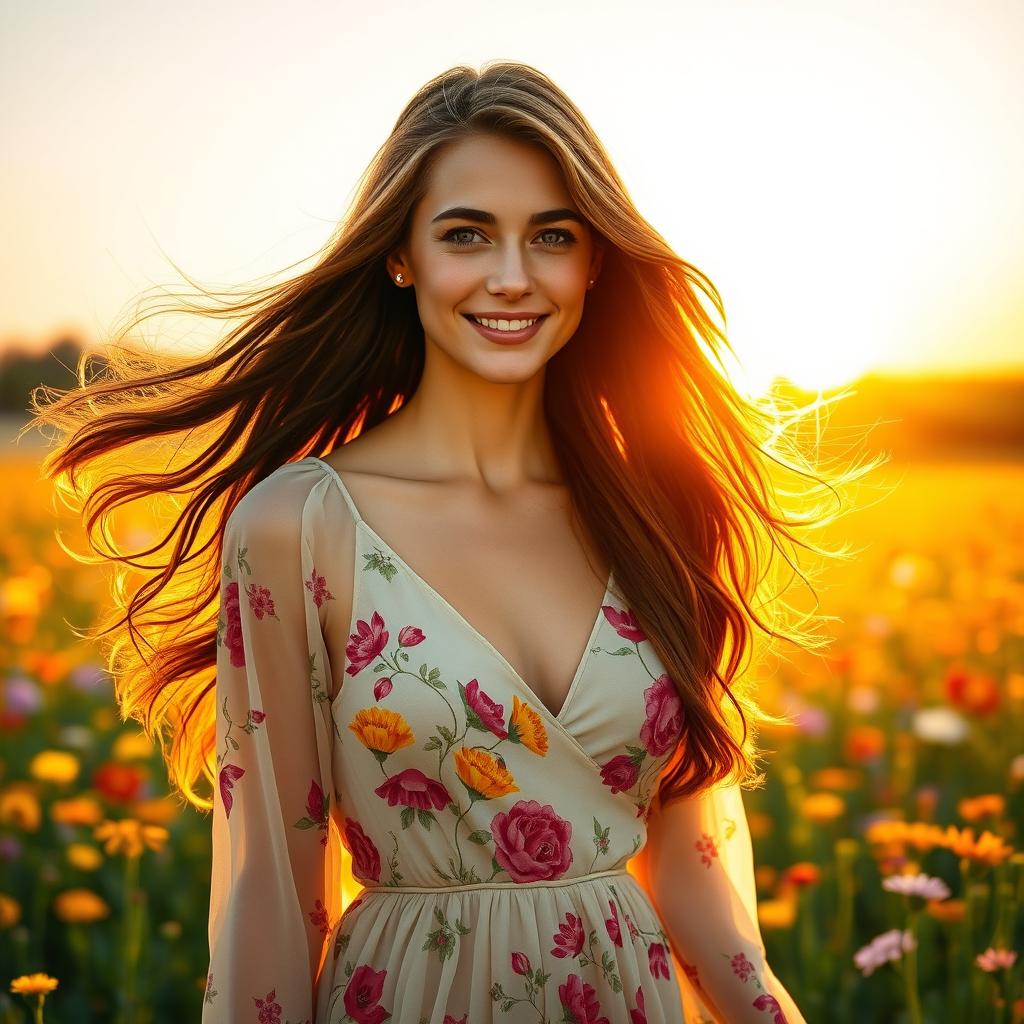 A stunning portrait of a woman with long flowing hair, wearing an elegant flowing dress adorned with floral patterns