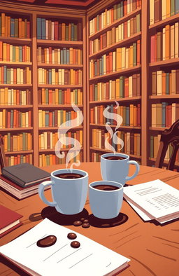 An illustrative style image of a cozy library with shelves full of books