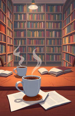 An illustrative style image of a cozy library with shelves full of books