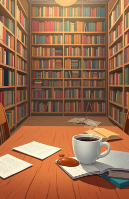 An illustrative style image of a cozy library with shelves full of books
