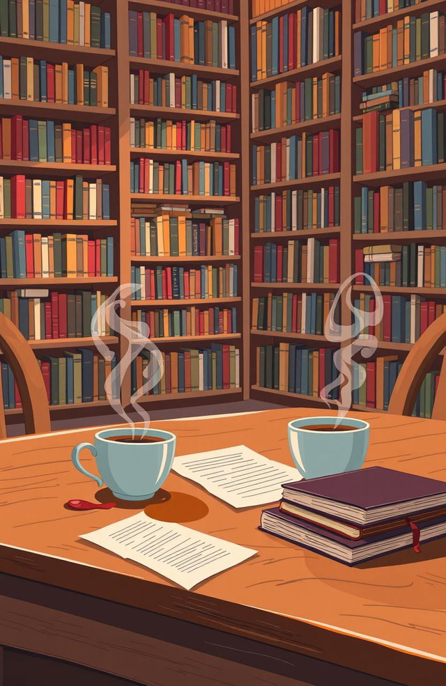 An illustrative style image of a cozy library with shelves full of books