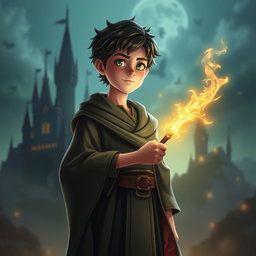 A young wizard resembling a magical student from a fantasy world, captured in a realistic, non-animated style