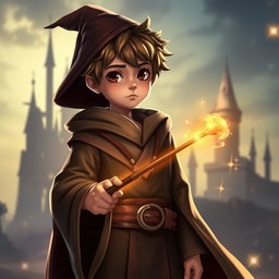 A young wizard resembling a magical student from a fantasy world, captured in a realistic, non-animated style