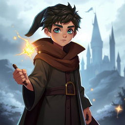 A young wizard resembling a magical student from a fantasy world, captured in a realistic, non-animated style