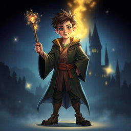 A young wizard resembling a magical student from a fantasy world, captured in a realistic, non-animated style
