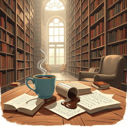 An illustrative style image of a cozy library filled with towering bookshelves that hold a multitude of books