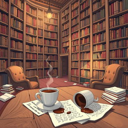 An illustrative style image of a cozy library filled with towering bookshelves that hold a multitude of books