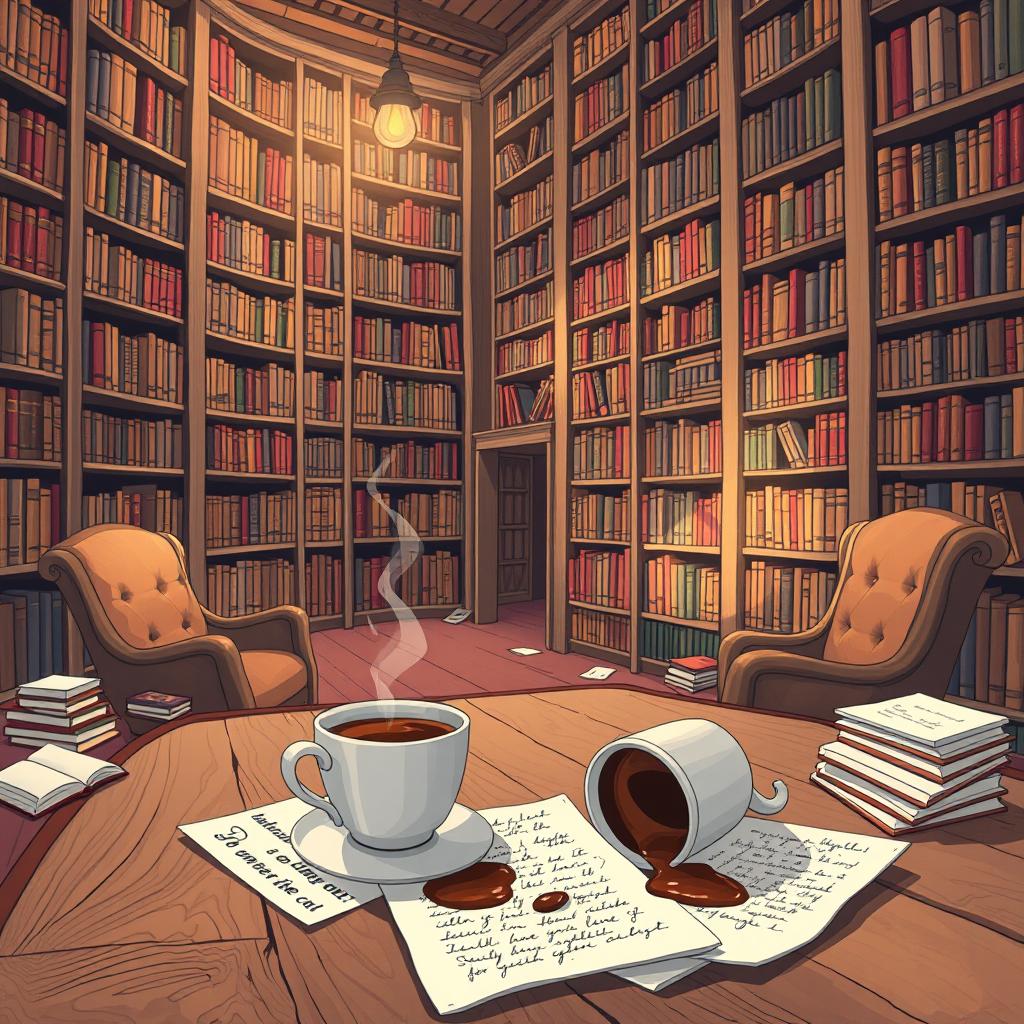 An illustrative style image of a cozy library filled with towering bookshelves that hold a multitude of books