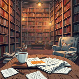 An illustrative style image of a cozy library filled with towering bookshelves that hold a multitude of books