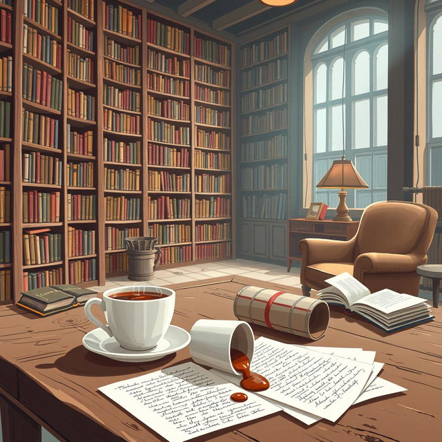 An illustrative style image of a cozy library filled with towering bookshelves that hold a multitude of books