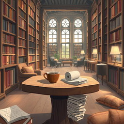 An artistic illustration of a charming library interior, showcasing tall, wooden bookshelves brimming with a variety of books
