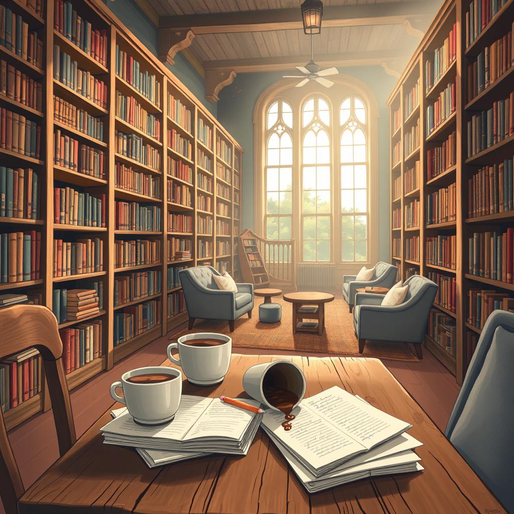 An artistic illustration of a charming library interior, showcasing tall, wooden bookshelves brimming with a variety of books