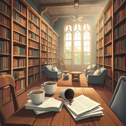 An artistic illustration of a charming library interior, showcasing tall, wooden bookshelves brimming with a variety of books