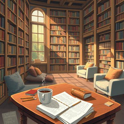 An artistic illustration of a charming library interior, showcasing tall, wooden bookshelves brimming with a variety of books