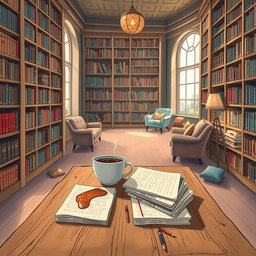 An artistic illustration of a charming library interior, showcasing tall, wooden bookshelves brimming with a variety of books