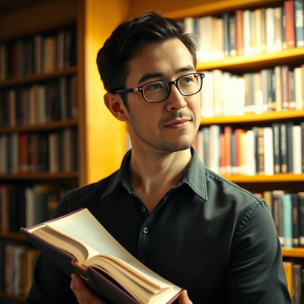 A man holding a thick, hardcover book, with a thoughtful expression on his face