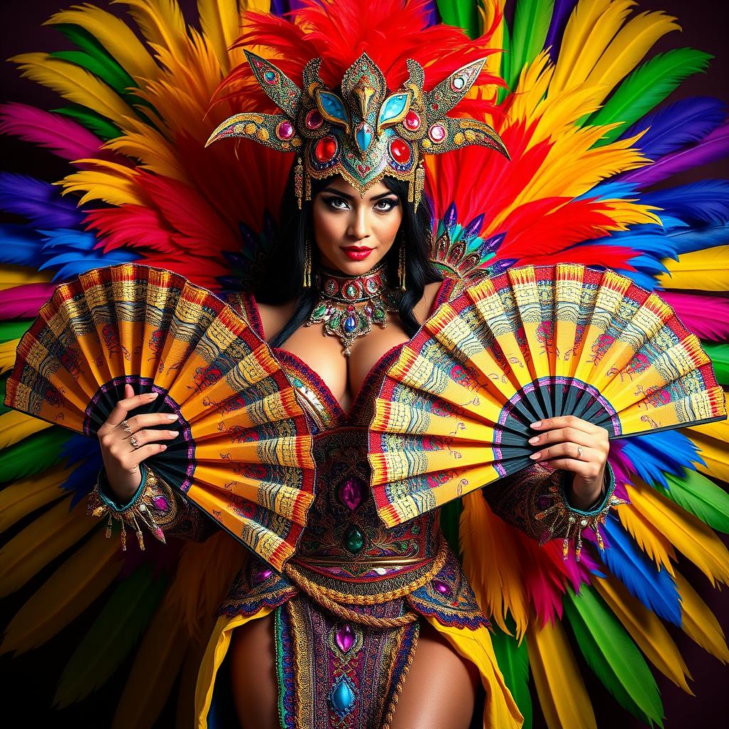 A fierce and elegant woman embodying the character of Katana from Mortal Kombat, dressed in a vibrant and ornate carnaval queen costume that showcases colorful feathers, sequins, and intricate patterns