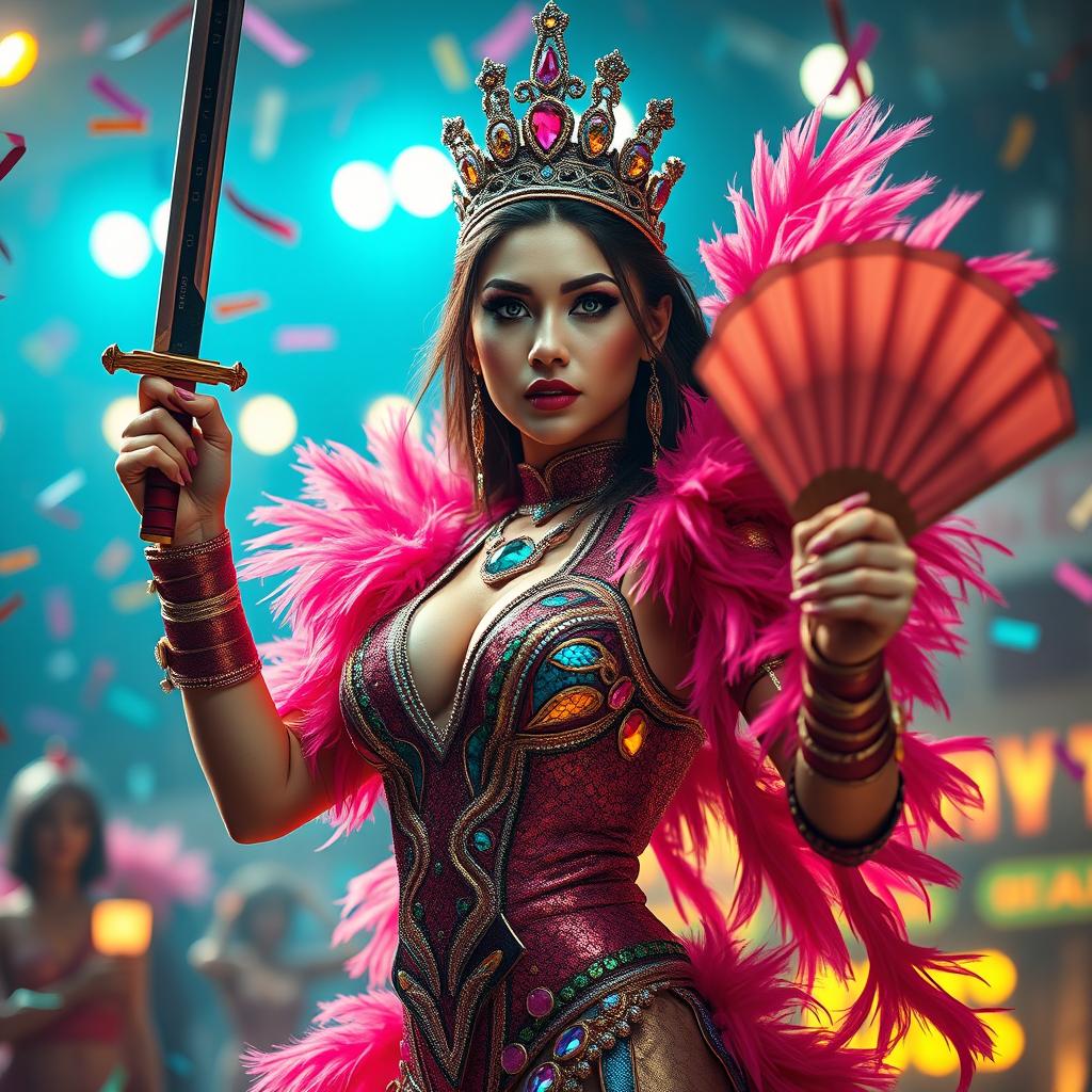 A stunning female character inspired by Mortal Kombat, dressed as a carnival queen in a vibrant, elaborate costume adorned with sequins and feathers