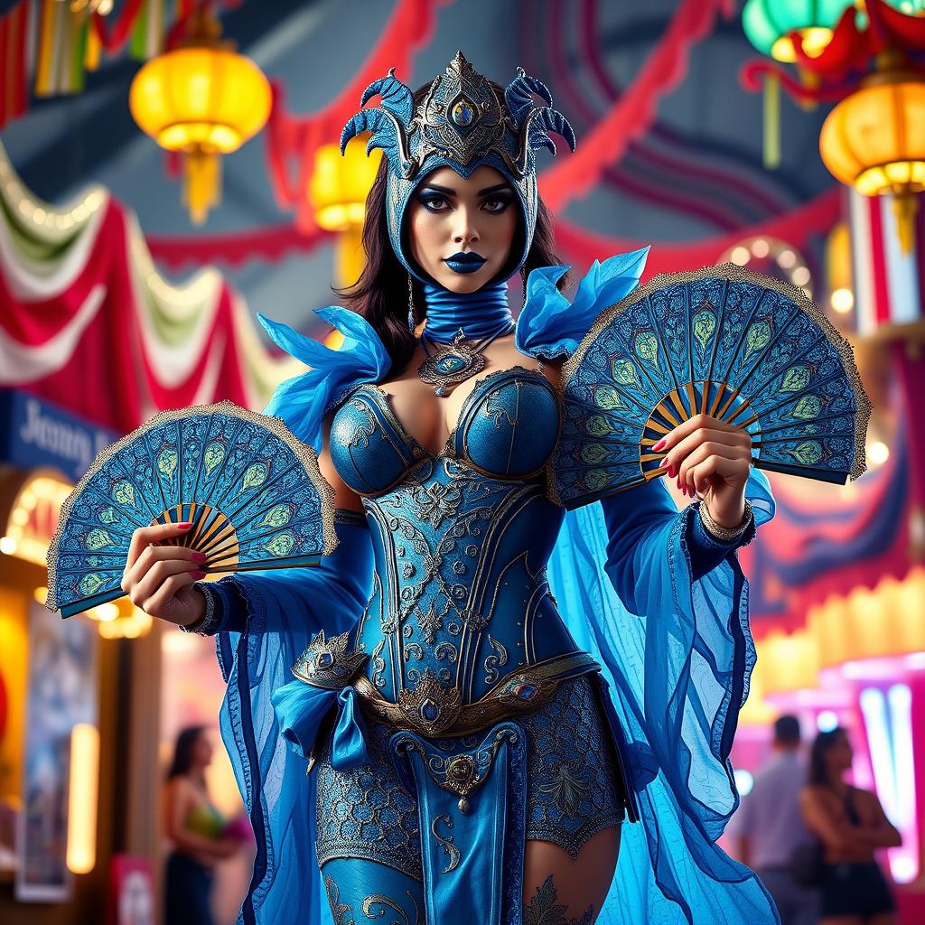 A powerful female character inspired by Mortal Kombat, wearing a vibrant blue carnival costume adorned with intricate patterns and glittering details