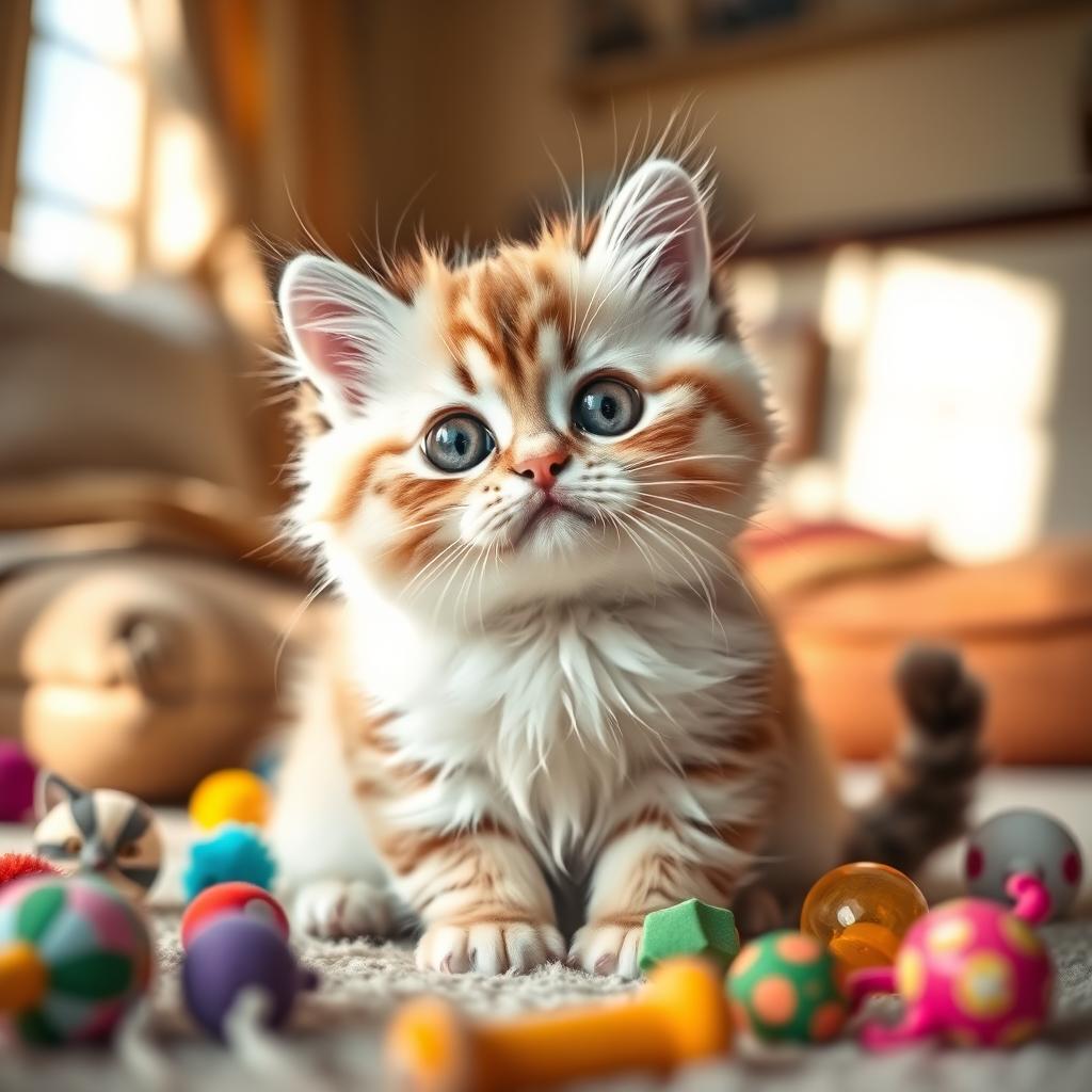 A cute and chubby cat with big sparkling eyes, fluffy fur, and an adorable expression, sitting playfully amidst colorful toys in a cozy room filled with soft sunlight