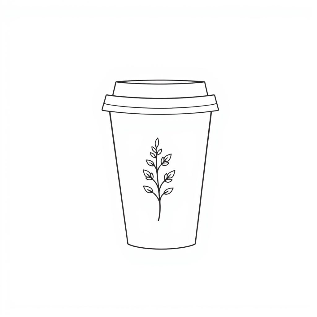 A minimalist drawing of a coffee to-go cup with a small fern inside it, set against a simple white background