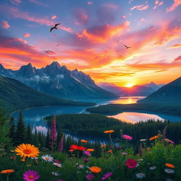 A high-resolution image of a stunning landscape featuring dramatic mountains in the background, a serene lake reflecting the peaks, and lush green forests surrounding the shore