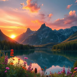 A high-resolution image of a stunning landscape featuring dramatic mountains in the background, a serene lake reflecting the peaks, and lush green forests surrounding the shore
