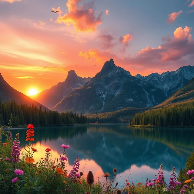 A high-resolution image of a stunning landscape featuring dramatic mountains in the background, a serene lake reflecting the peaks, and lush green forests surrounding the shore