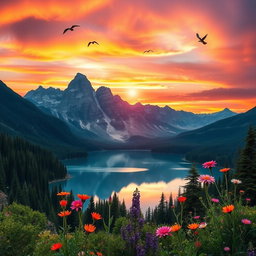 A high-resolution image of a stunning landscape featuring dramatic mountains in the background, a serene lake reflecting the peaks, and lush green forests surrounding the shore