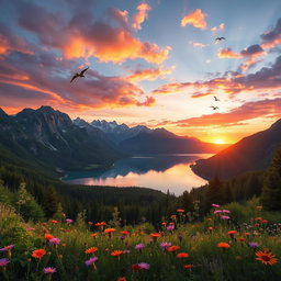 A high-resolution image of a stunning landscape featuring dramatic mountains in the background, a serene lake reflecting the peaks, and lush green forests surrounding the shore