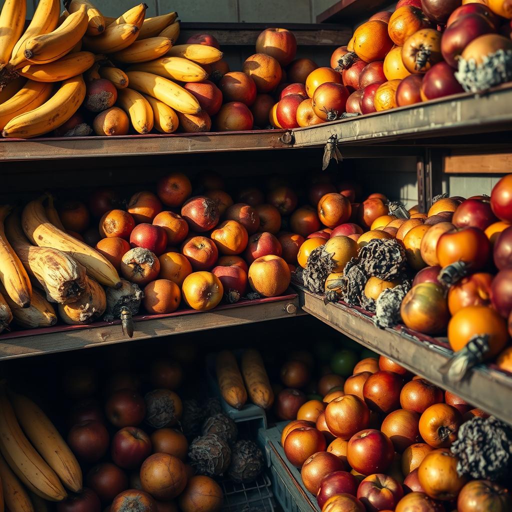 A vivid and detailed scene depicting a supermarket aisle filled with various fruits in the stages of decomposition and natural fermentation