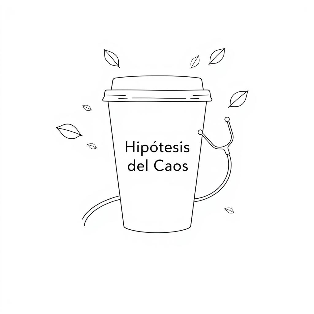 A minimalist drawing featuring a coffee to-go cup with ethereal objects floating around it, specifically a stethoscope and leaves