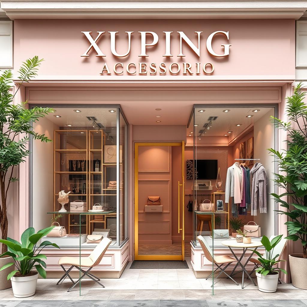 A stylish storefront design for a women's accessories shop named 'XUPING ACCESORIOS'