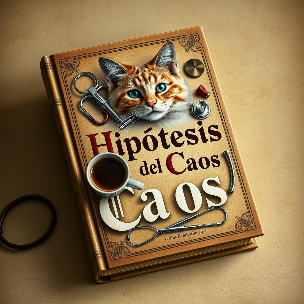 A vintage-style book cover featuring elements that embody coffee, a cat, and various medical gadgets